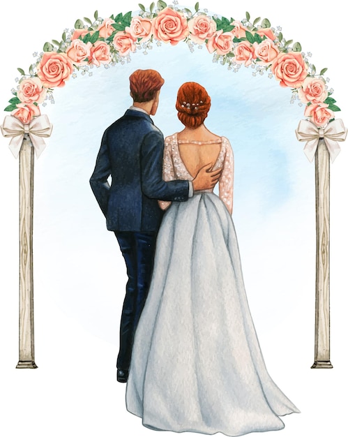 Watercolor wedding couple embracing under wedding rose arch