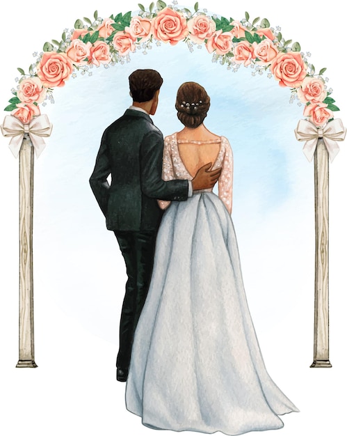 Watercolor wedding couple embracing under wedding rose arch