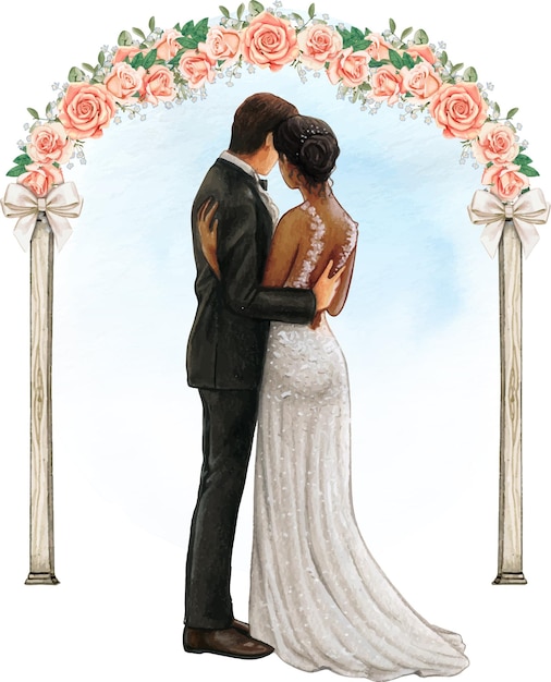 Watercolor wedding couple embracing under wedding rose arch