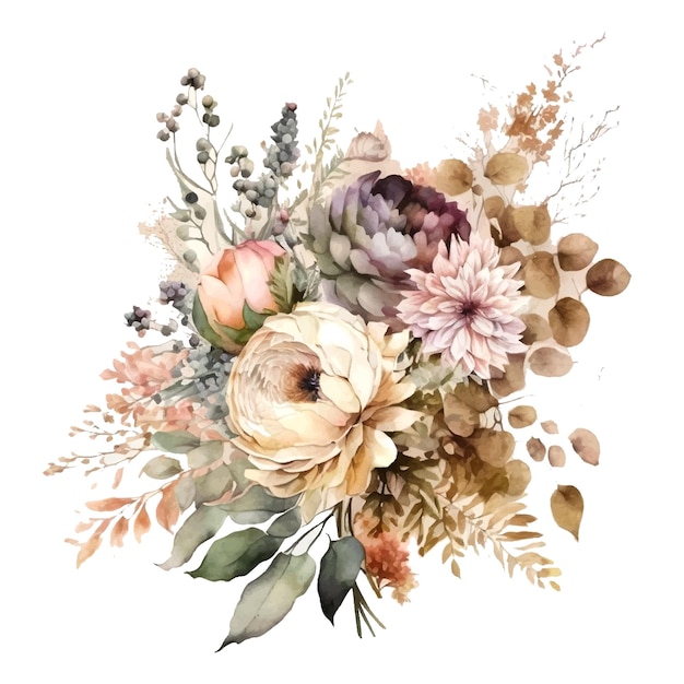 Watercolor wedding floral bouquet illustration blush pink yellow vivid flowers Decorative elements template isolated on white background