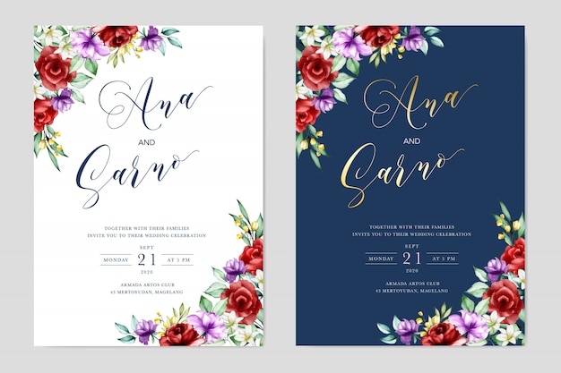 watercolor wedding floral invitation card template. Save the date. RSVP