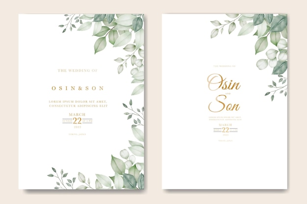 Watercolor wedding invitation card in green leaves