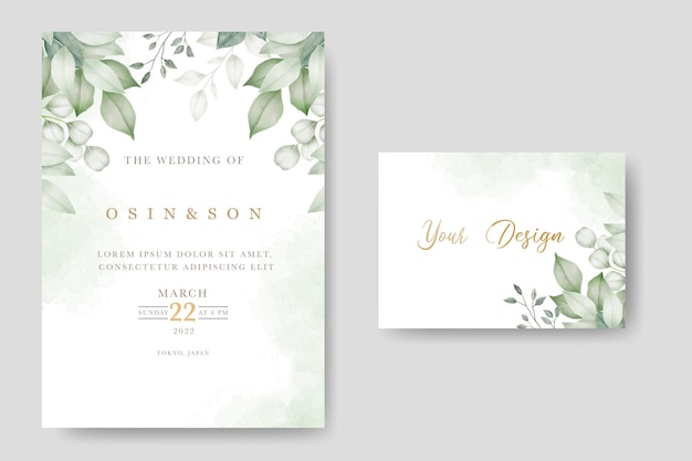 Watercolor wedding invitation card in green leaves