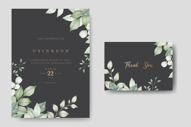 Watercolor wedding invitation card in green leaves