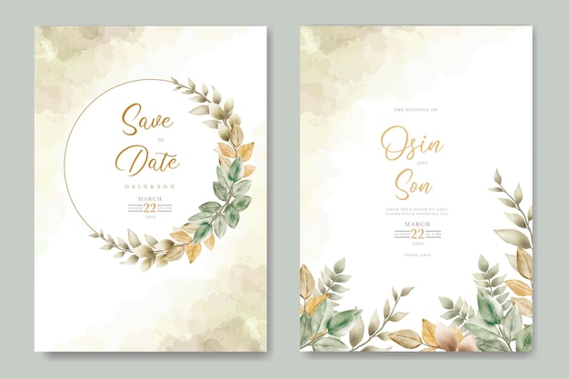 Watercolor wedding invitation card in green leaves