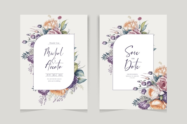 Watercolor wedding invitation card set with beautiful flower and leaves