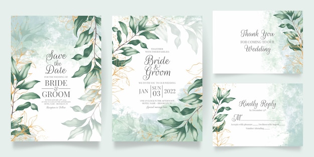 watercolor wedding invitation card template set with floral decoration