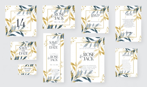 watercolor wedding invitation card template set with golden floral decoration