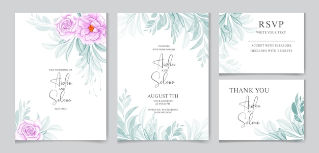 watercolor wedding invitation card template set with soft blue rose with leaves