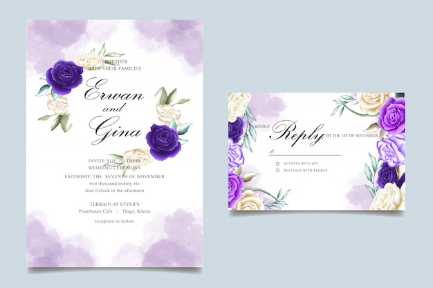 watercolor Wedding invitation card template with floral and leaves