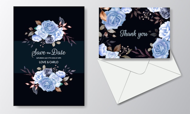 Watercolor wedding invitation card template with a flower and leaves  