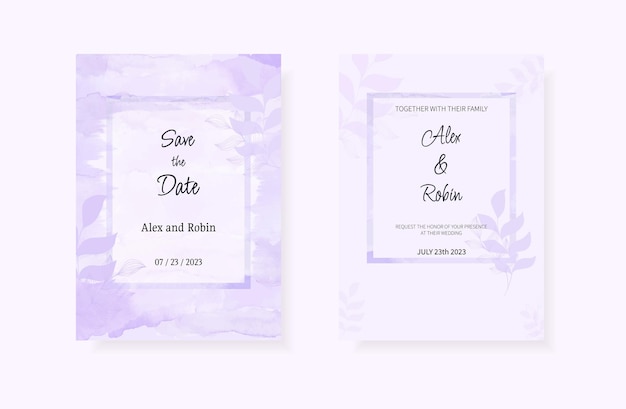 Watercolor wedding invitation card template with hand drawn stems with leaves