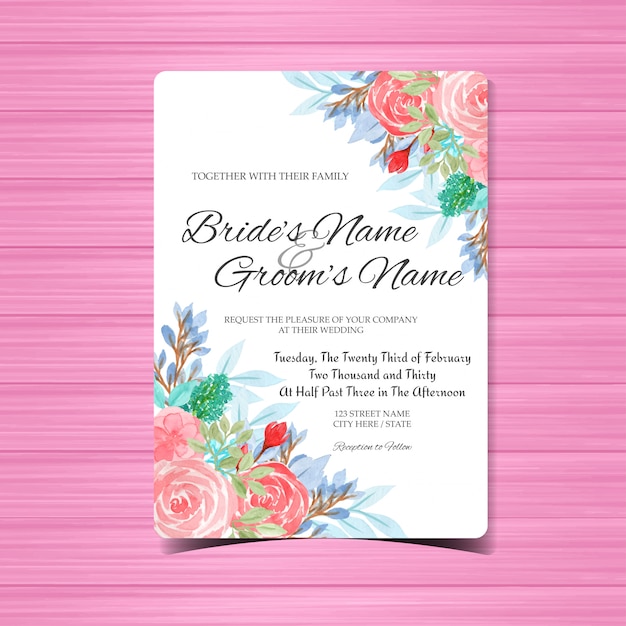 watercolor wedding invitation card template with pink flowers