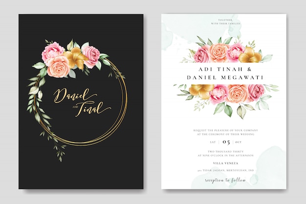 watercolor wedding invitation card with beautiful floral and leaves template