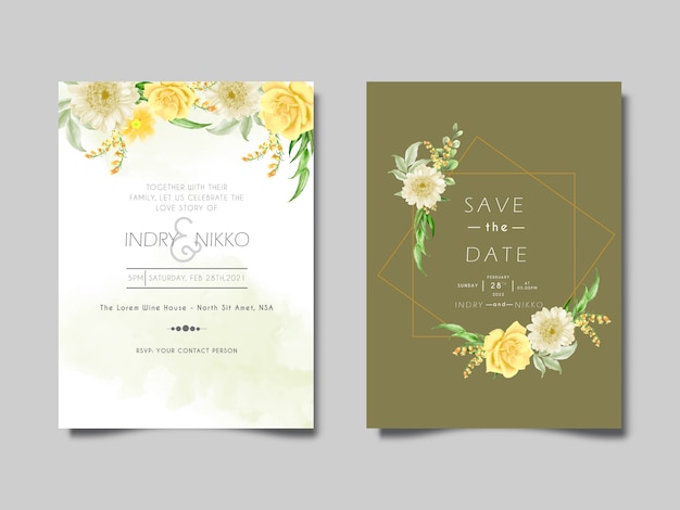 watercolor wedding invitation cards with adorable flower and leaves