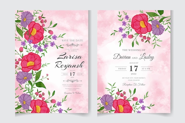 Watercolor Wedding invitation floral frame with flowers leaves greeting cards save the date