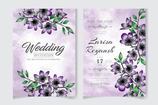 Watercolor Wedding invitation floral frame with flowers leaves greeting cards save the date