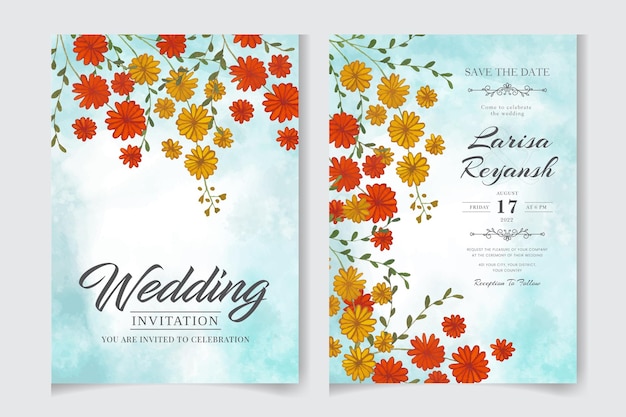 Watercolor Wedding invitation floral frame with flowers leaves greeting cards save the date