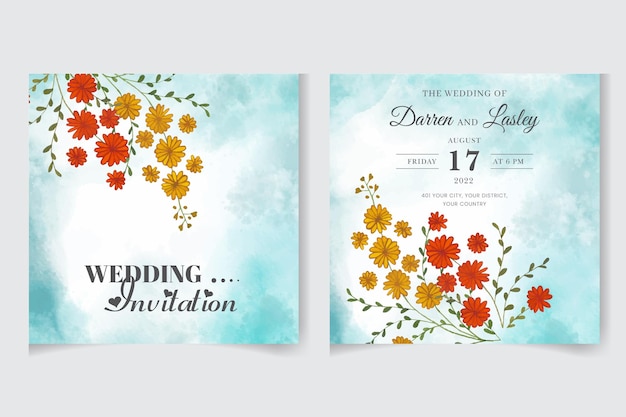 Watercolor Wedding invitation floral frame with flowers leaves greeting cards save the date