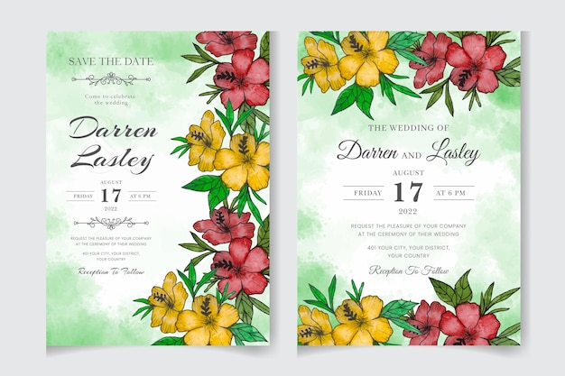 Watercolor Wedding invitation floral frame with flowers leaves greeting cards save the date