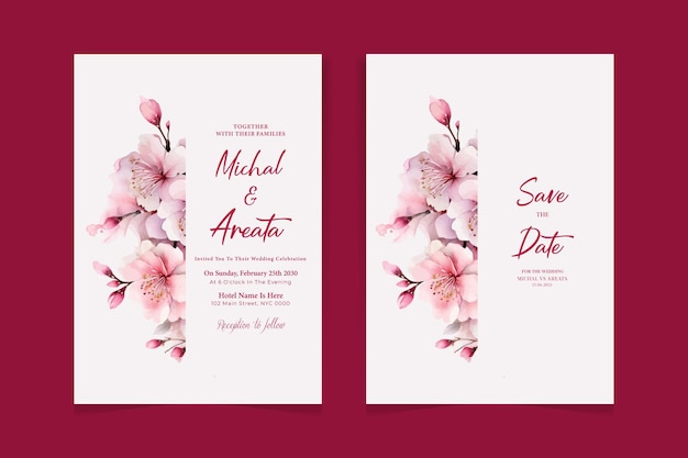 Watercolor wedding invitation floral and leaves card template