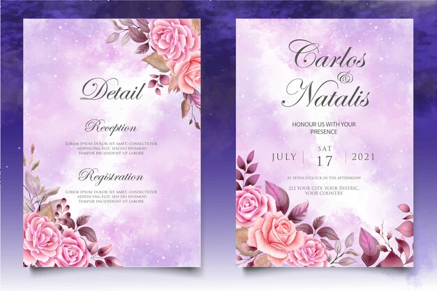 Watercolor wedding invitation floral and leaves card template