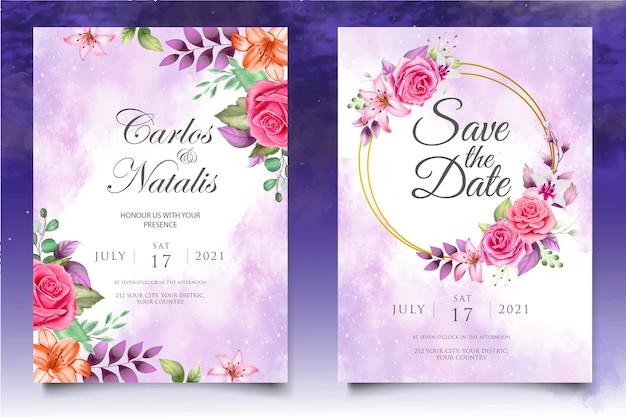 Watercolor wedding invitation floral and leaves card template