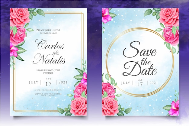 Watercolor wedding invitation floral and leaves card template