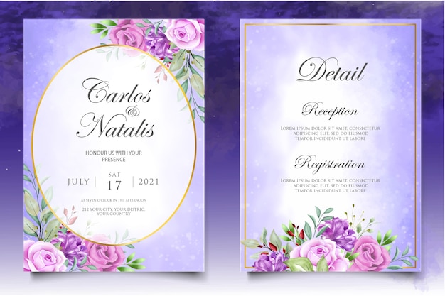 Watercolor wedding invitation floral and leaves card template