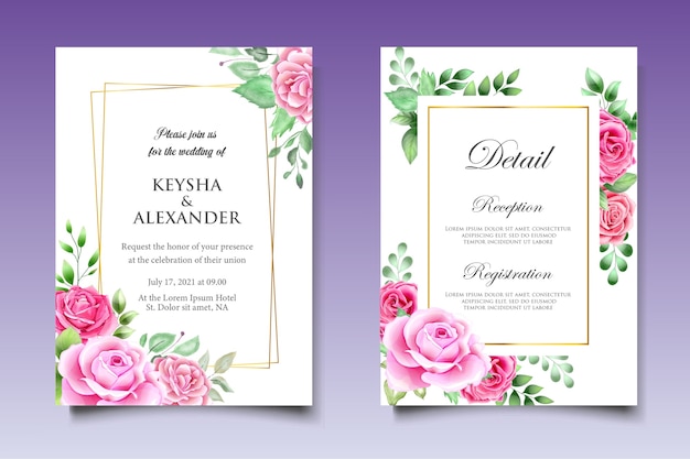 Watercolor wedding invitation floral and leaves card template