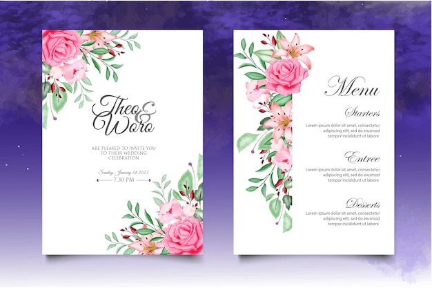 Watercolor wedding invitation floral and leaves card template