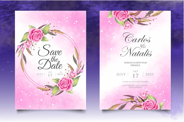 Watercolor wedding invitation floral and leaves card template