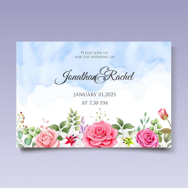 Watercolor wedding invitation floral and leaves card template