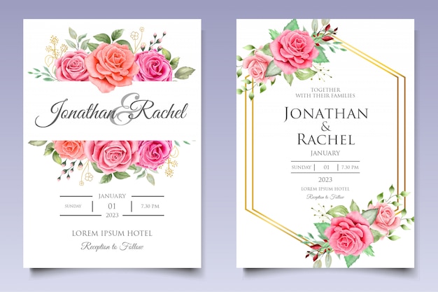 Watercolor wedding invitation floral and leaves card template