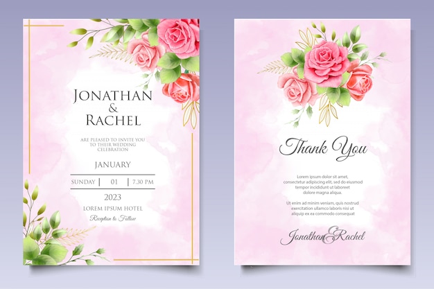 Watercolor wedding invitation floral and leaves card template