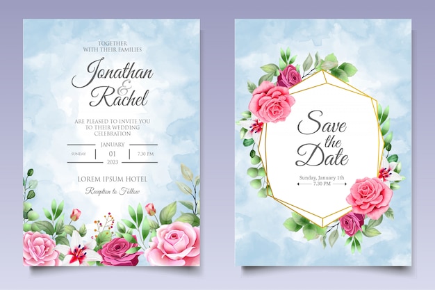 Watercolor wedding invitation floral and leaves card template