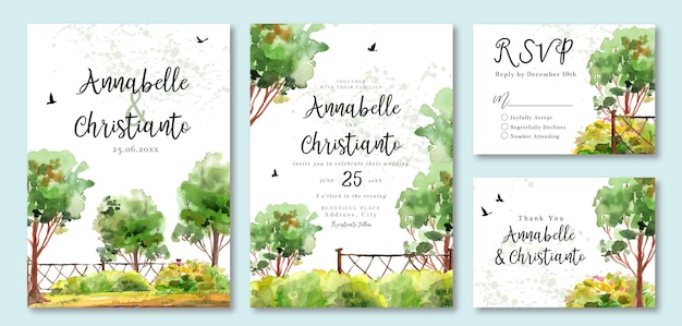 Watercolor Wedding Invitation of Green Trees and Birds