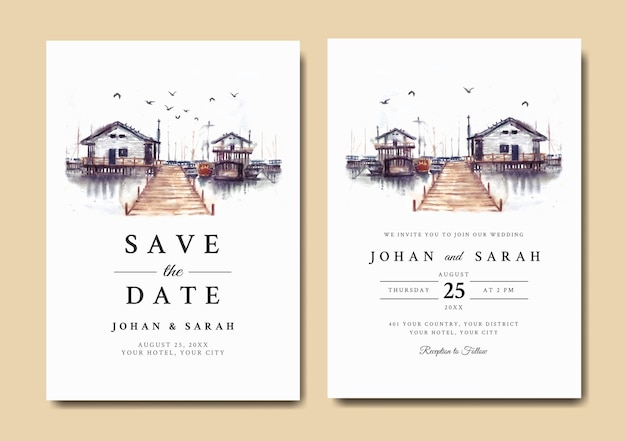 Watercolor wedding invitation of nature landscape with house and harbor view