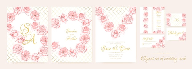 Watercolor wedding invitation set with elegant rose frames