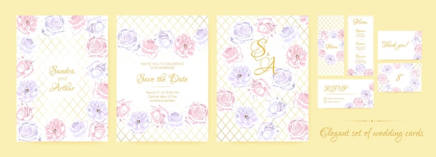 Watercolor wedding invitation set with elegant rose frames