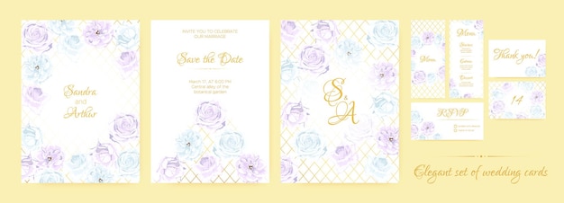 Watercolor wedding invitation set with elegant roses frames