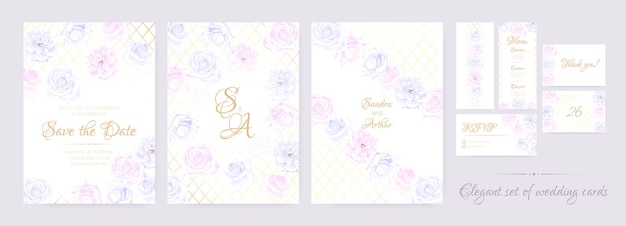 Watercolor wedding invitation set with elegant roses frames