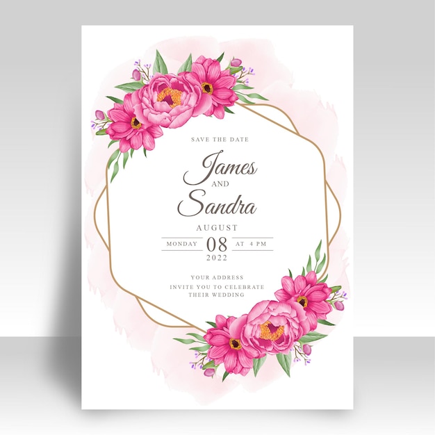 Watercolor wedding invitation set with roses and leaves premium template