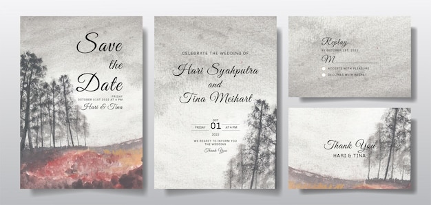 Watercolor wedding invitation set with sky and tree landscape