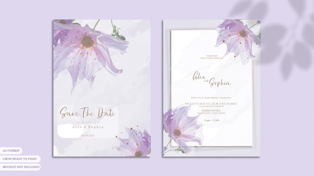 Watercolor wedding invitation template with purple flowers