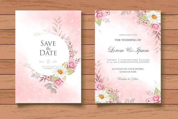 Watercolor Wedding Invitation with Beautiful Floral Leaves