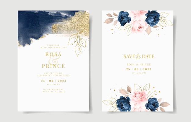 Watercolor wedding invitation with navy and peach flower and leaves decoration