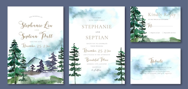 Watercolor Wedding Invitation with Pine Trees and Mountain Winter Blue Abstract Background