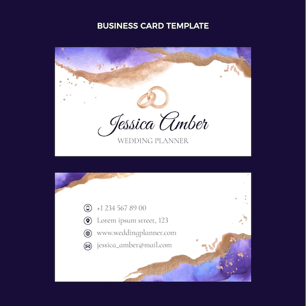 Watercolor wedding planner double-sided horizontal business card template