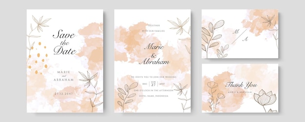 Watercolor wedding set. Set of card with leaves and golden geometric frame. Design with forest green orange watercolor, leaves, eucalyptus. Floral Trendy templates for banner, flyer, poster, greeting